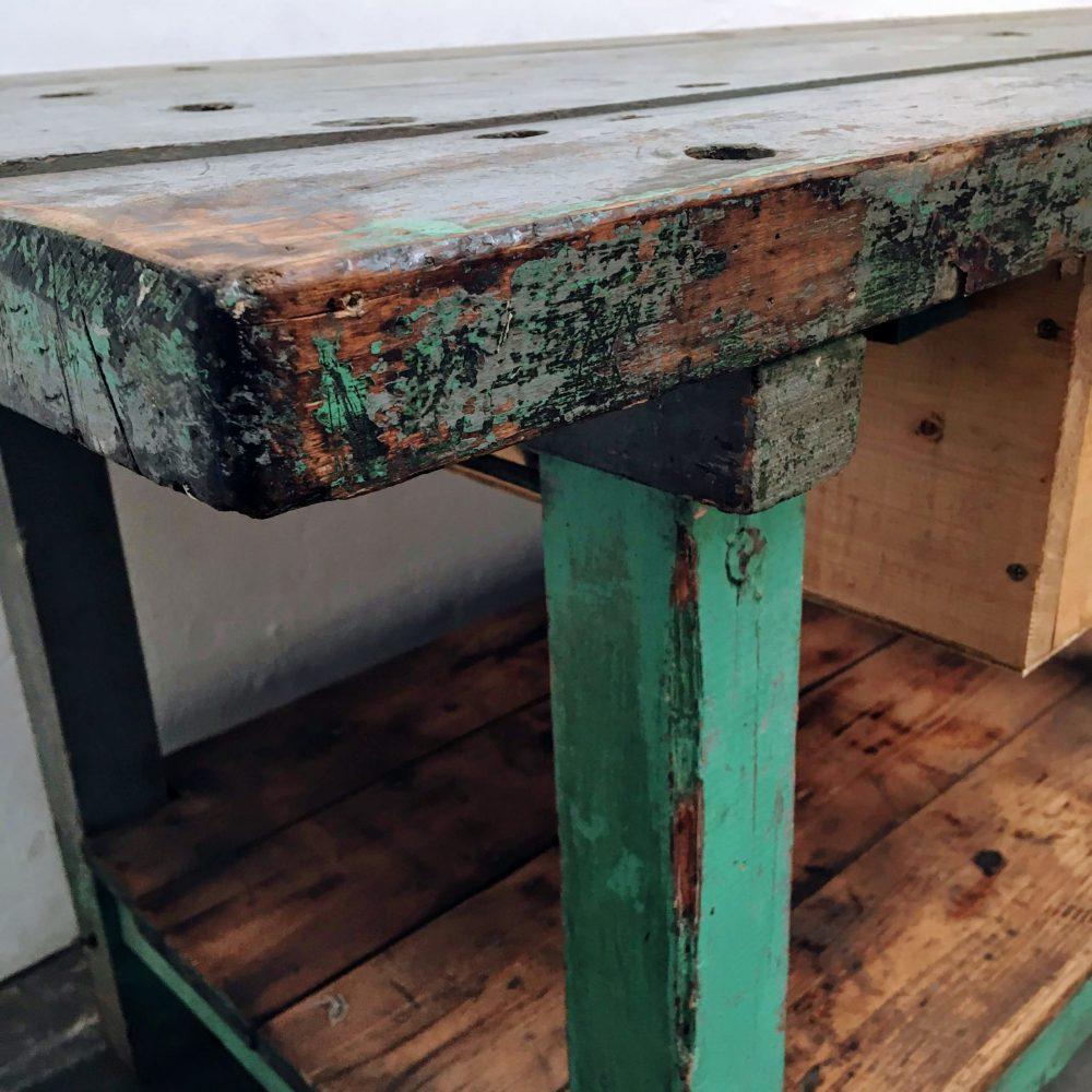 Industriële groene werktafel met onderblad - Afbeelding 5