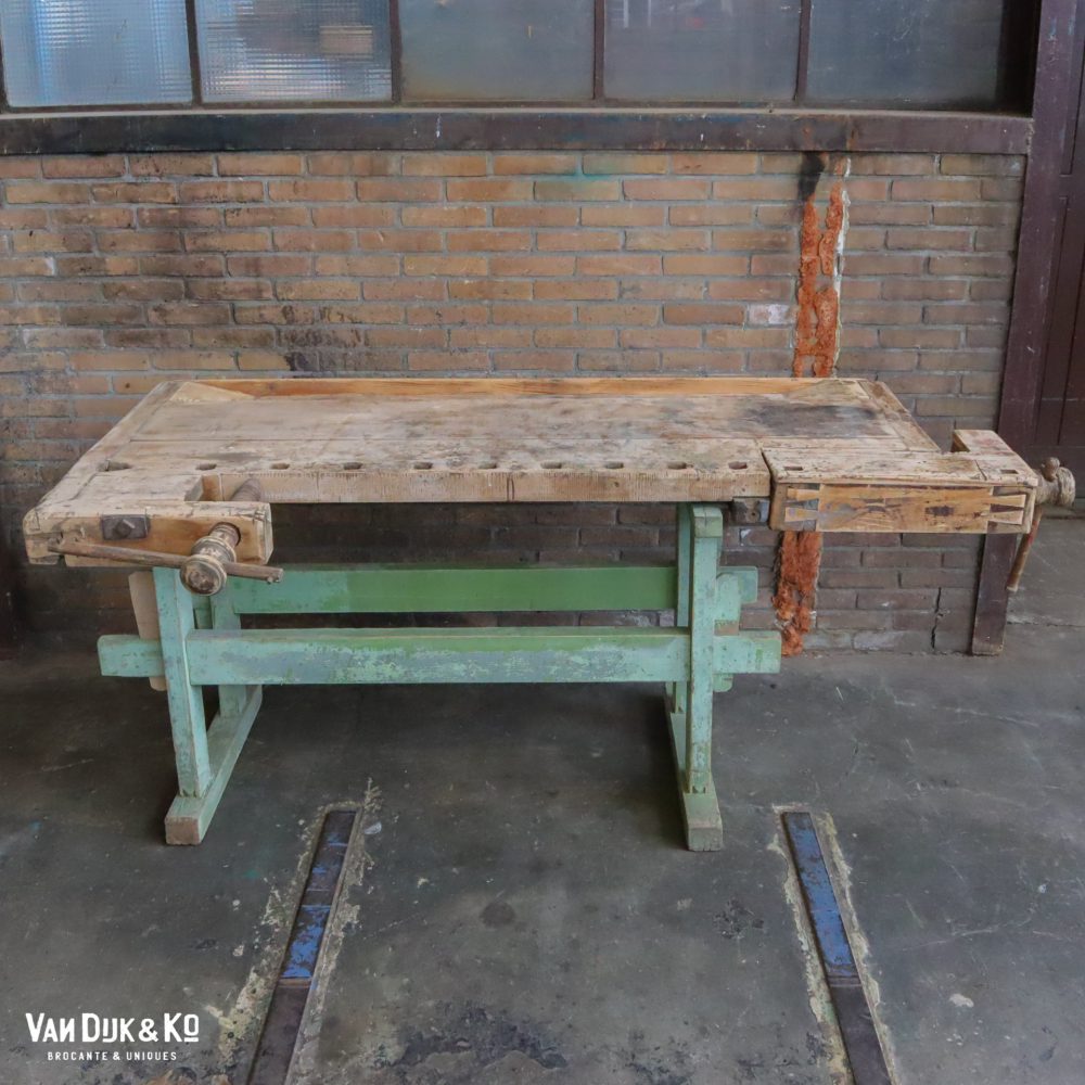 Vintage werkbank met groen onderstel - Afbeelding 3