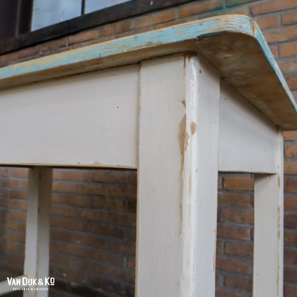 brocante witte tafel met blauw blad - Afbeelding 5