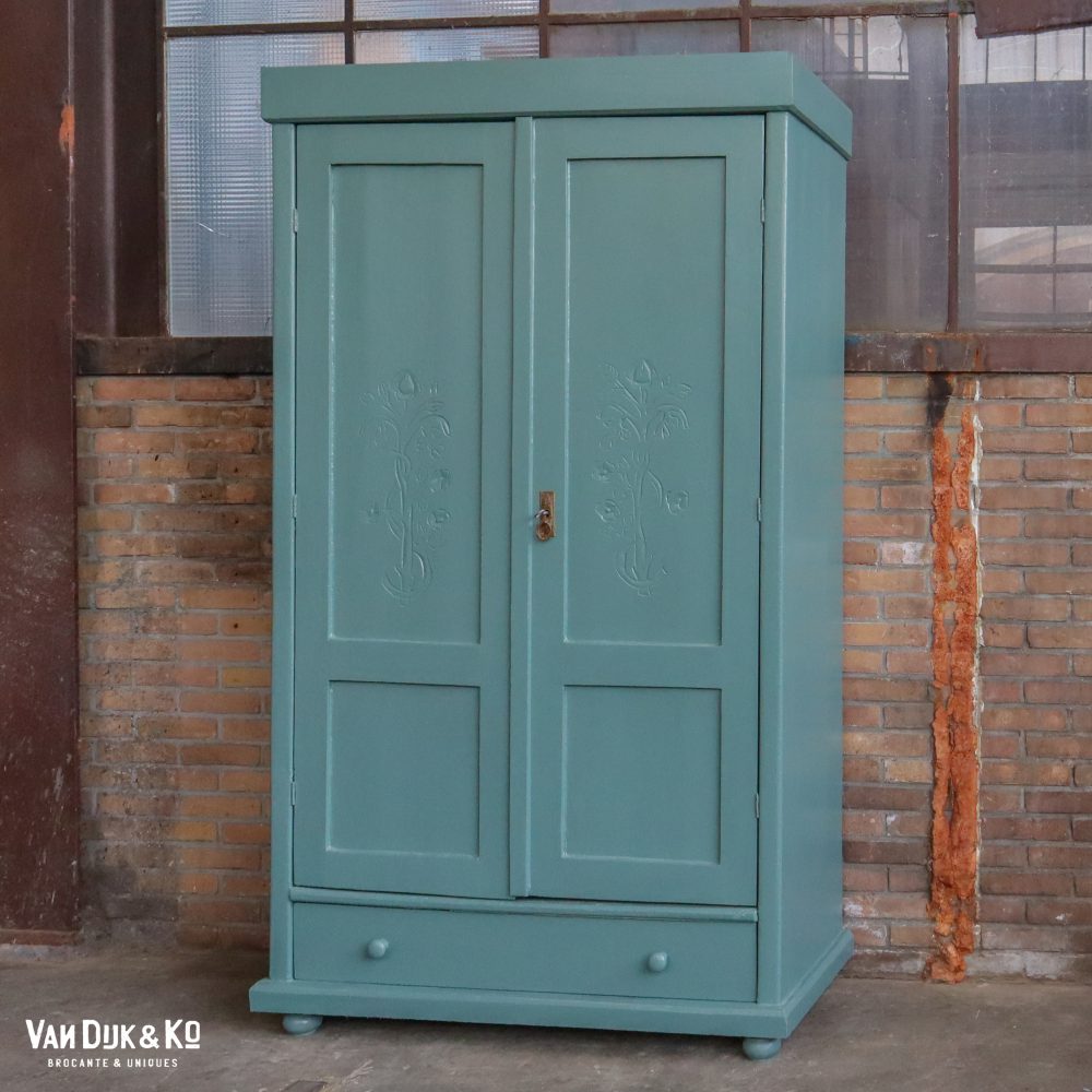 Brocante groenblauwe linnenkast - Afbeelding 2