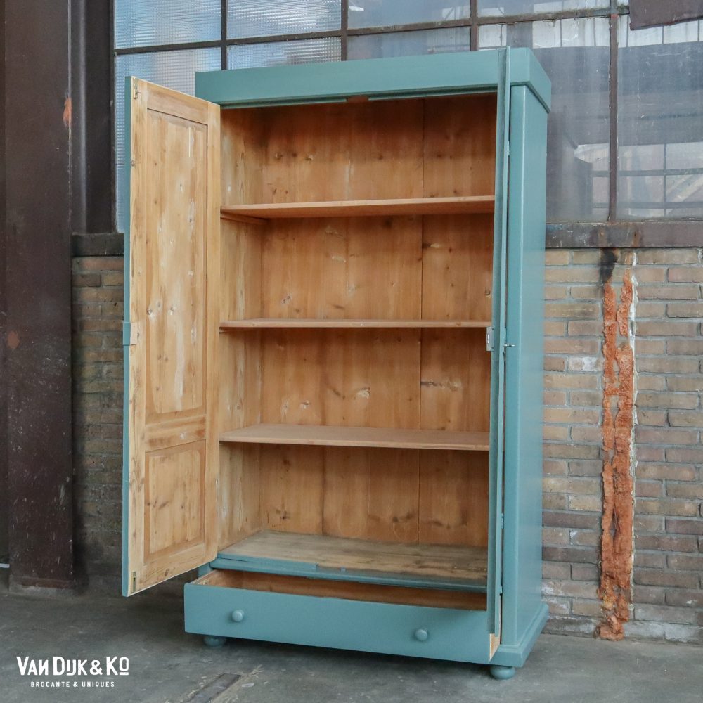 Brocante groenblauwe linnenkast - Afbeelding 5