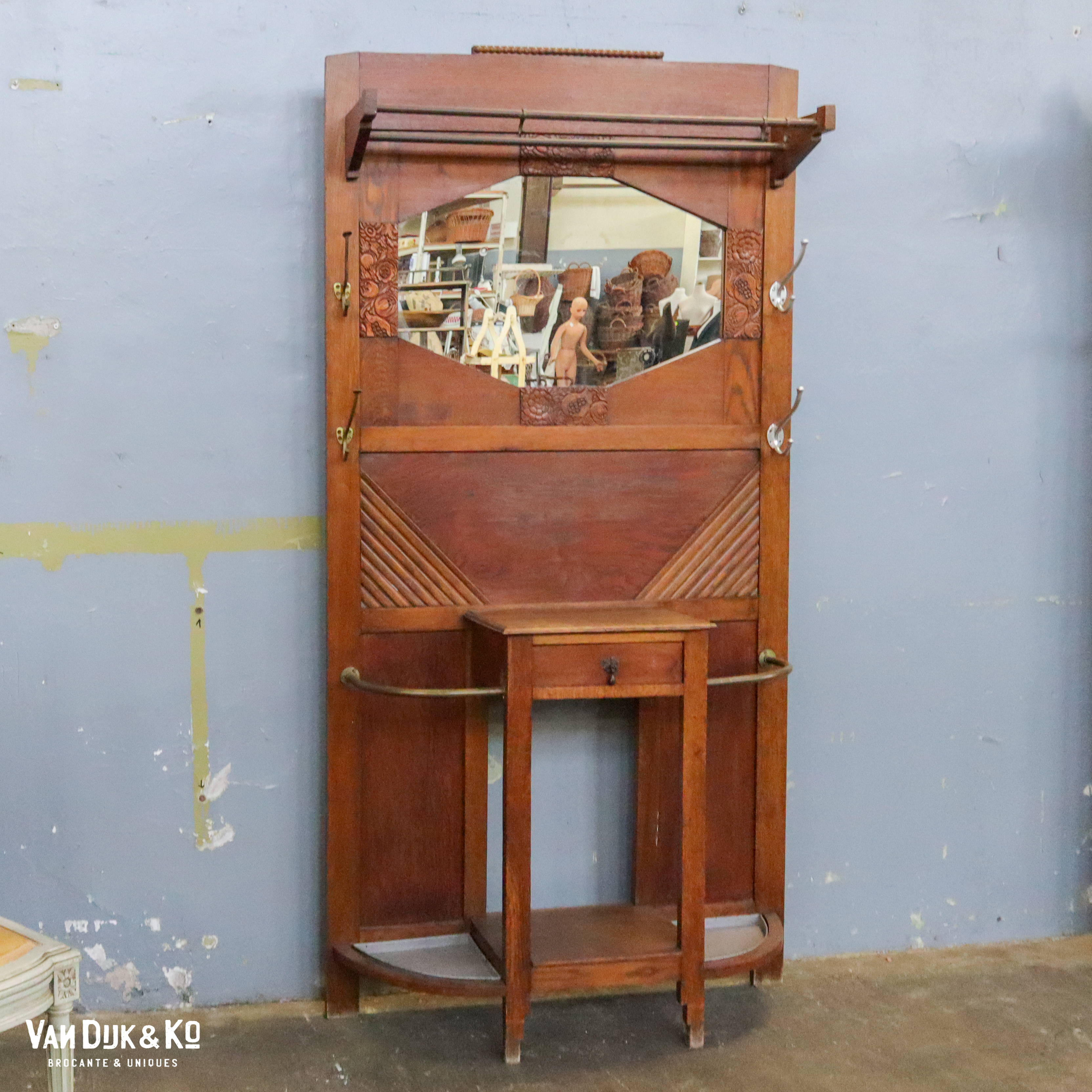 Vintage kapstokmeubel met spiegel en tafeltje - Afbeelding 2