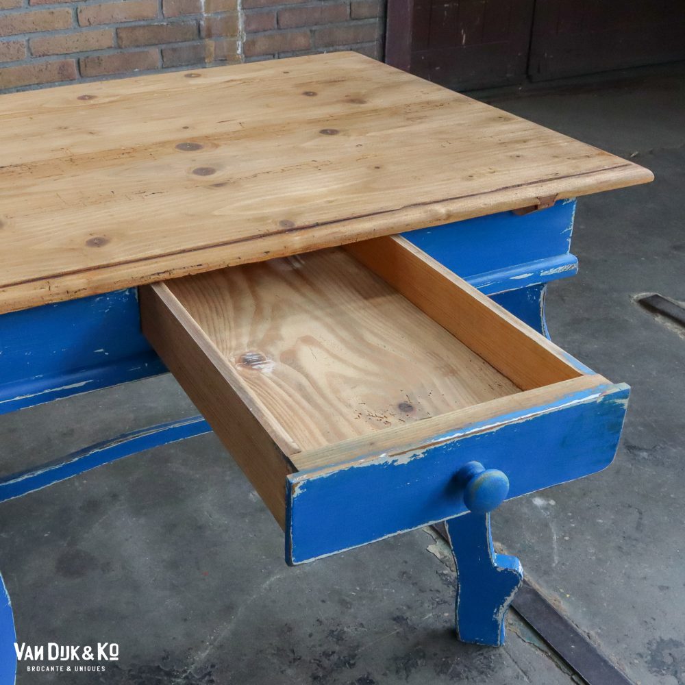 Brocante bureautje met blauw onderstel - Afbeelding 3