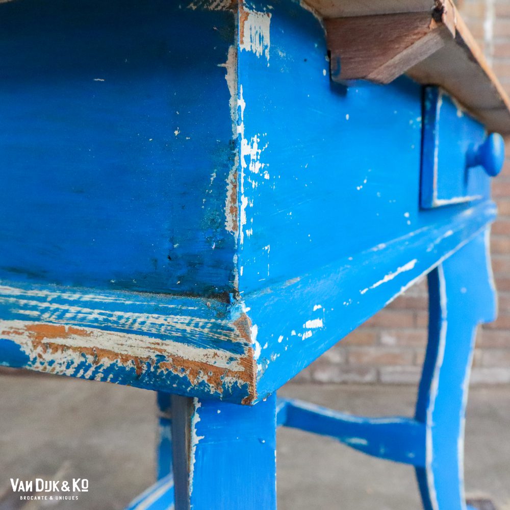Brocante bureautje met blauw onderstel - Afbeelding 7