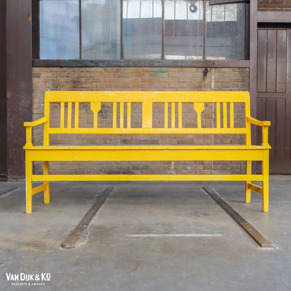 Gele houten brocante bank - Afbeelding 2