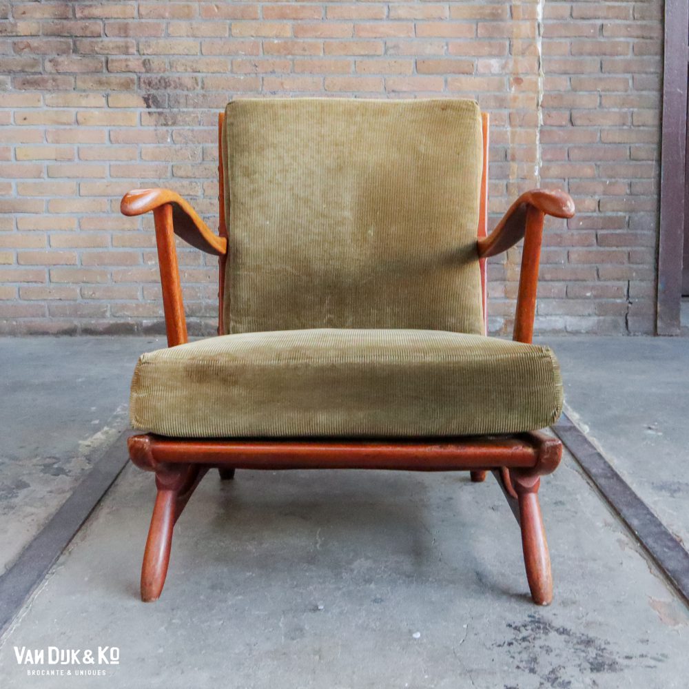 Vintage fauteuil met groene ribstof bekleding - Afbeelding 2