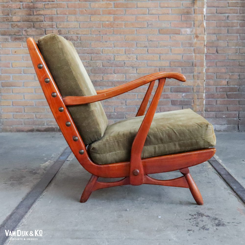 Vintage fauteuil met groene ribstof bekleding - Afbeelding 3