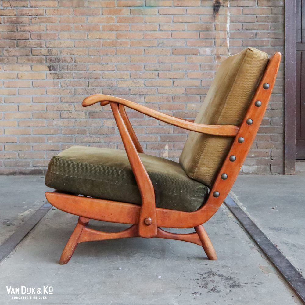 Vintage fauteuil met groene ribstof bekleding - Afbeelding 5