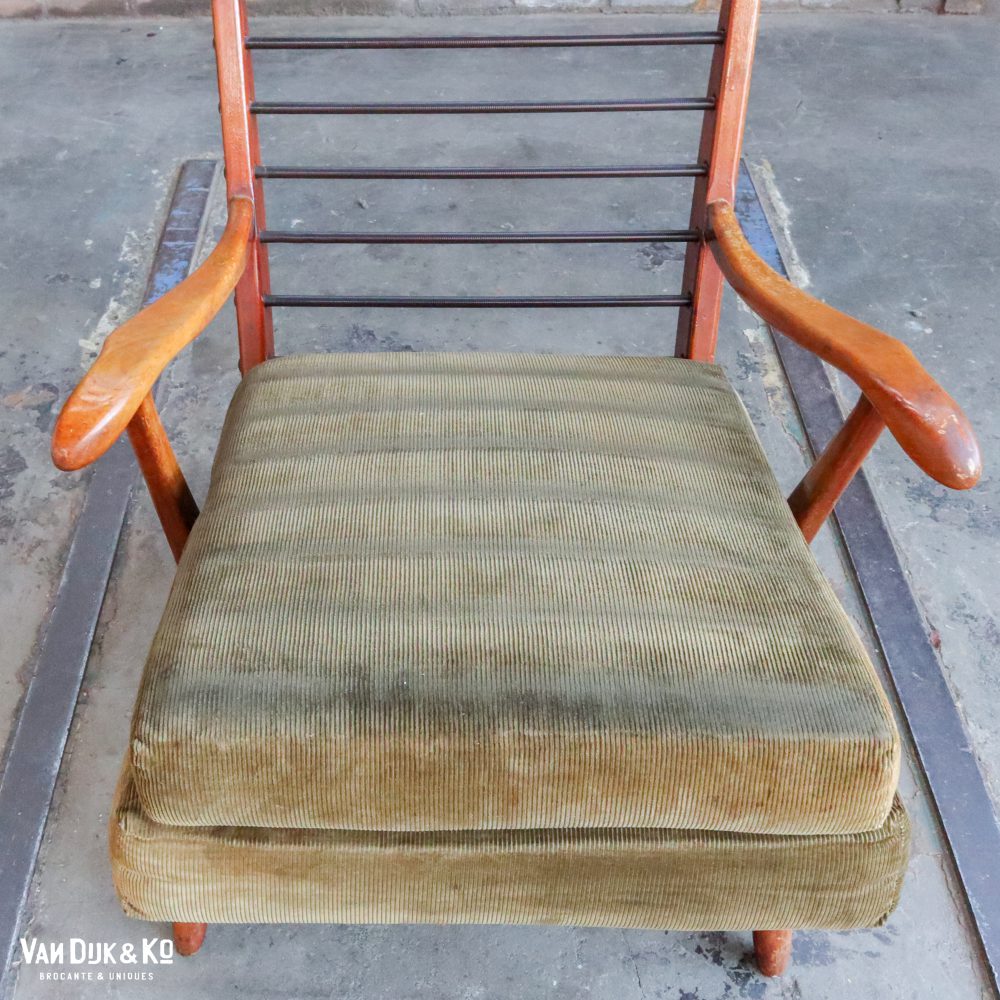 Vintage fauteuil met groene ribstof bekleding - Afbeelding 7