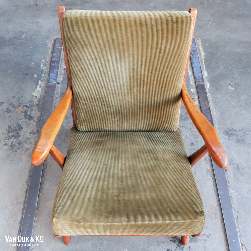 Vintage fauteuil met groene ribstof bekleding - Afbeelding 6
