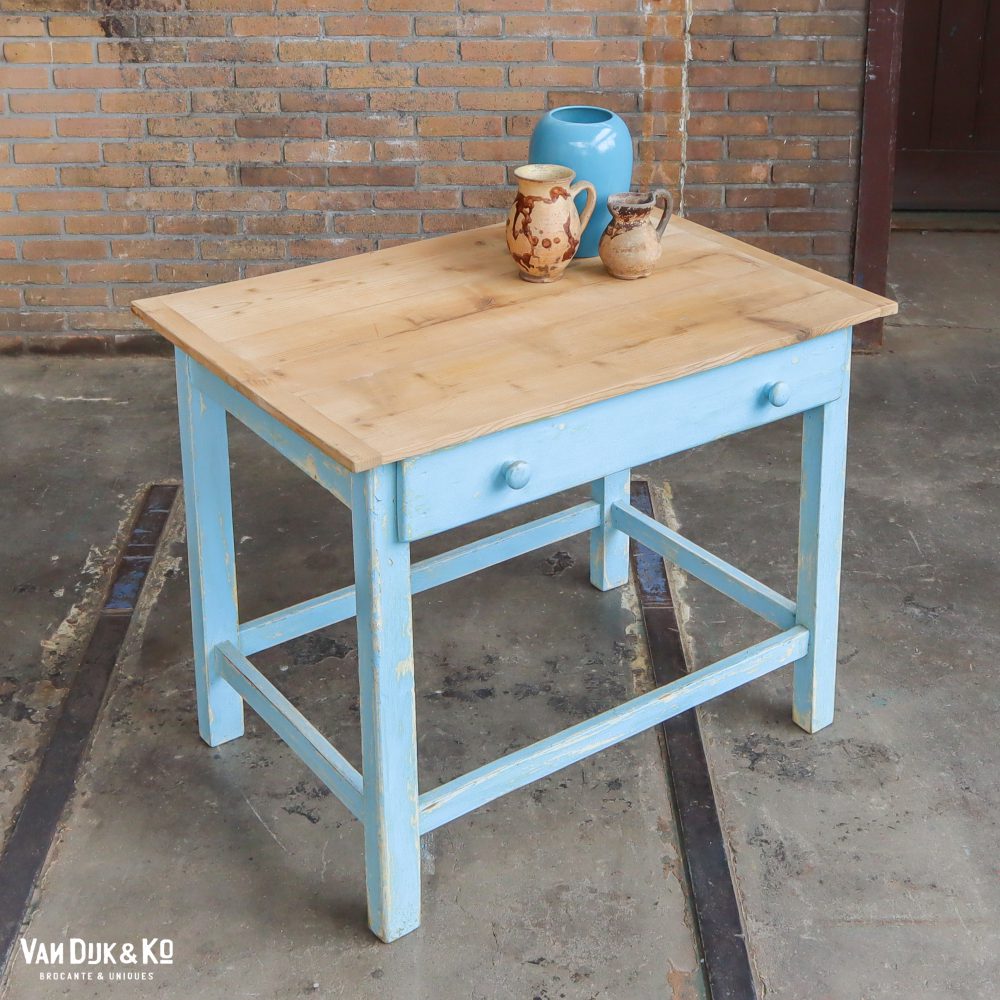 Brocante bureautje met blauw onderstel - Afbeelding 2