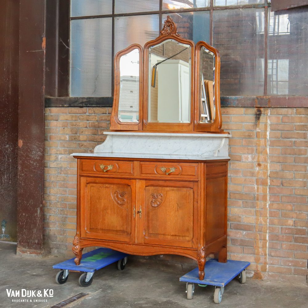 Antieke commode met marmeren blad en spiegel - Afbeelding 2