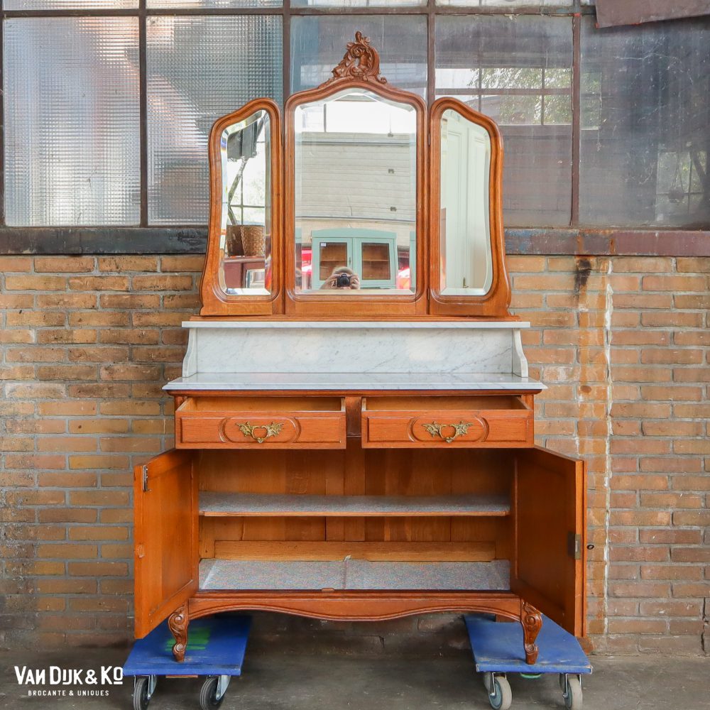 Antieke commode met marmeren blad en spiegel - Afbeelding 3