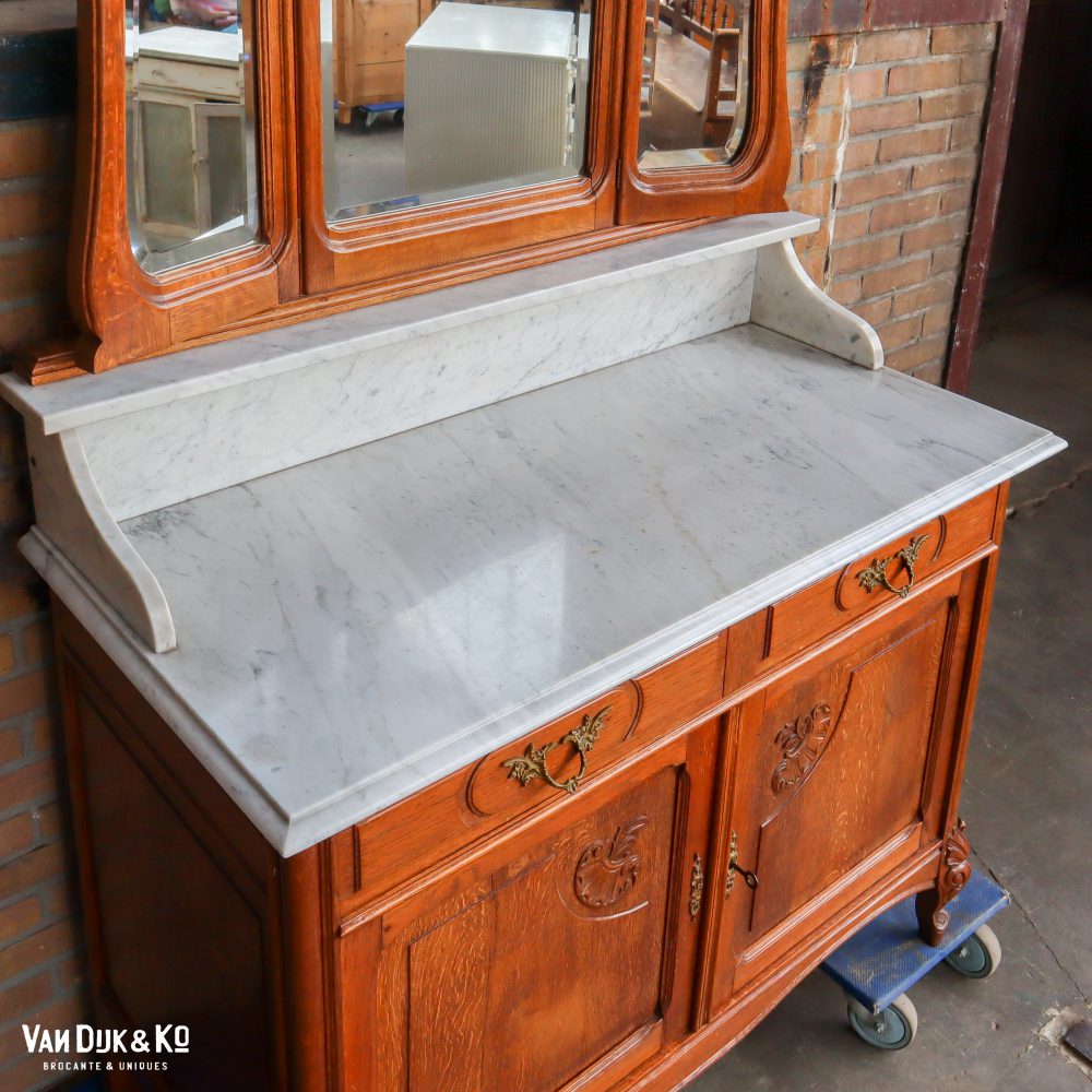 Antieke commode met marmeren blad en spiegel - Afbeelding 5