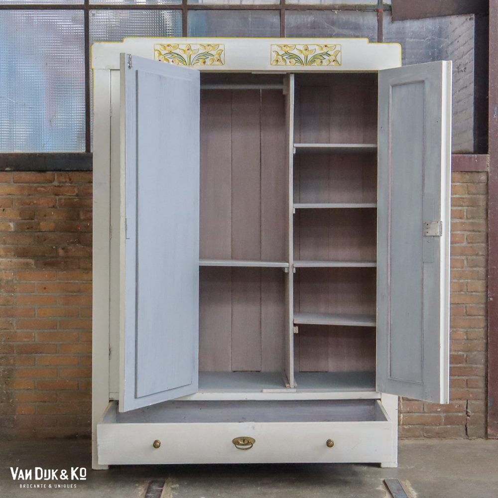 Brocante kledingkast met spiegel - Afbeelding 3