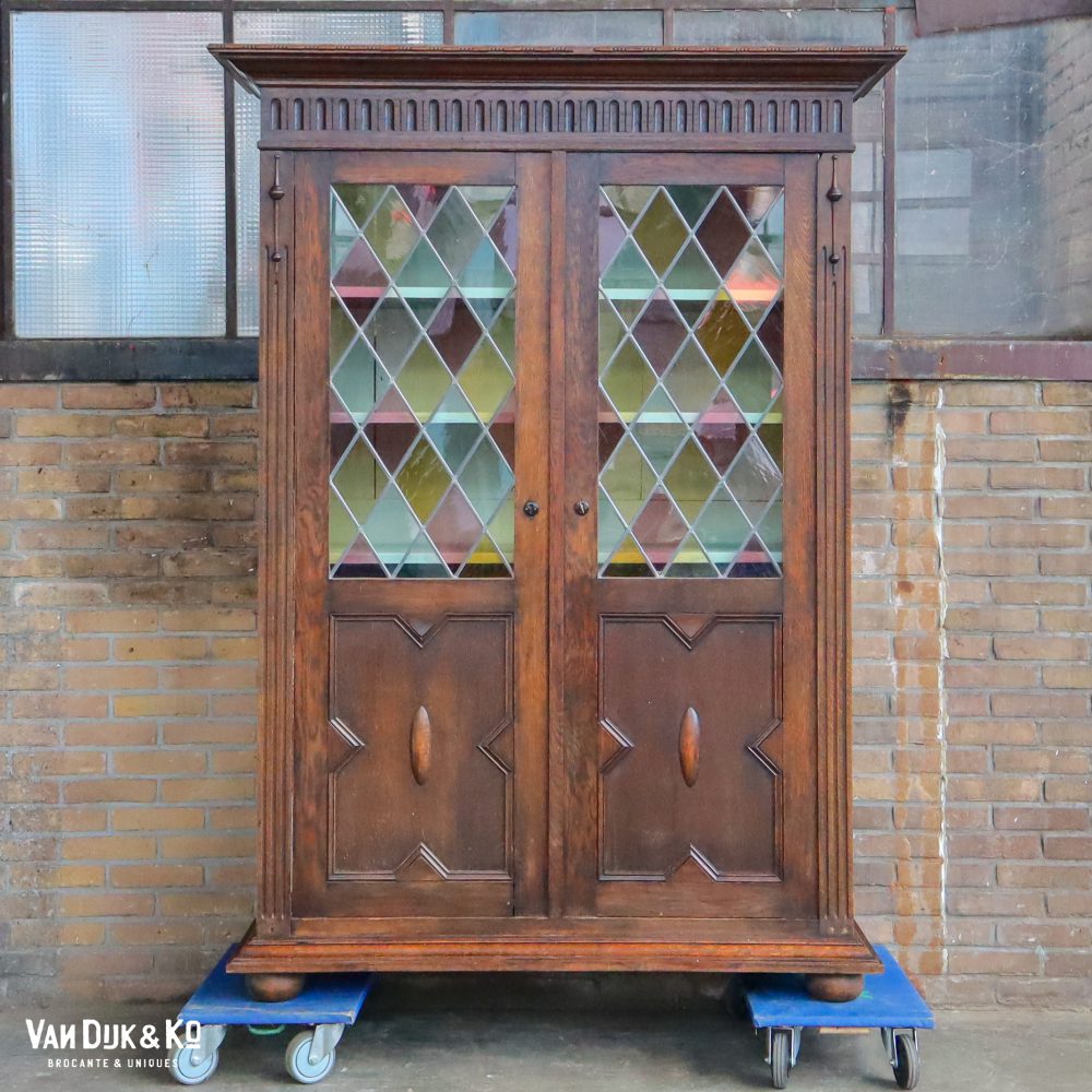 Antieke vitrinekast met glas in lood - Afbeelding 2
