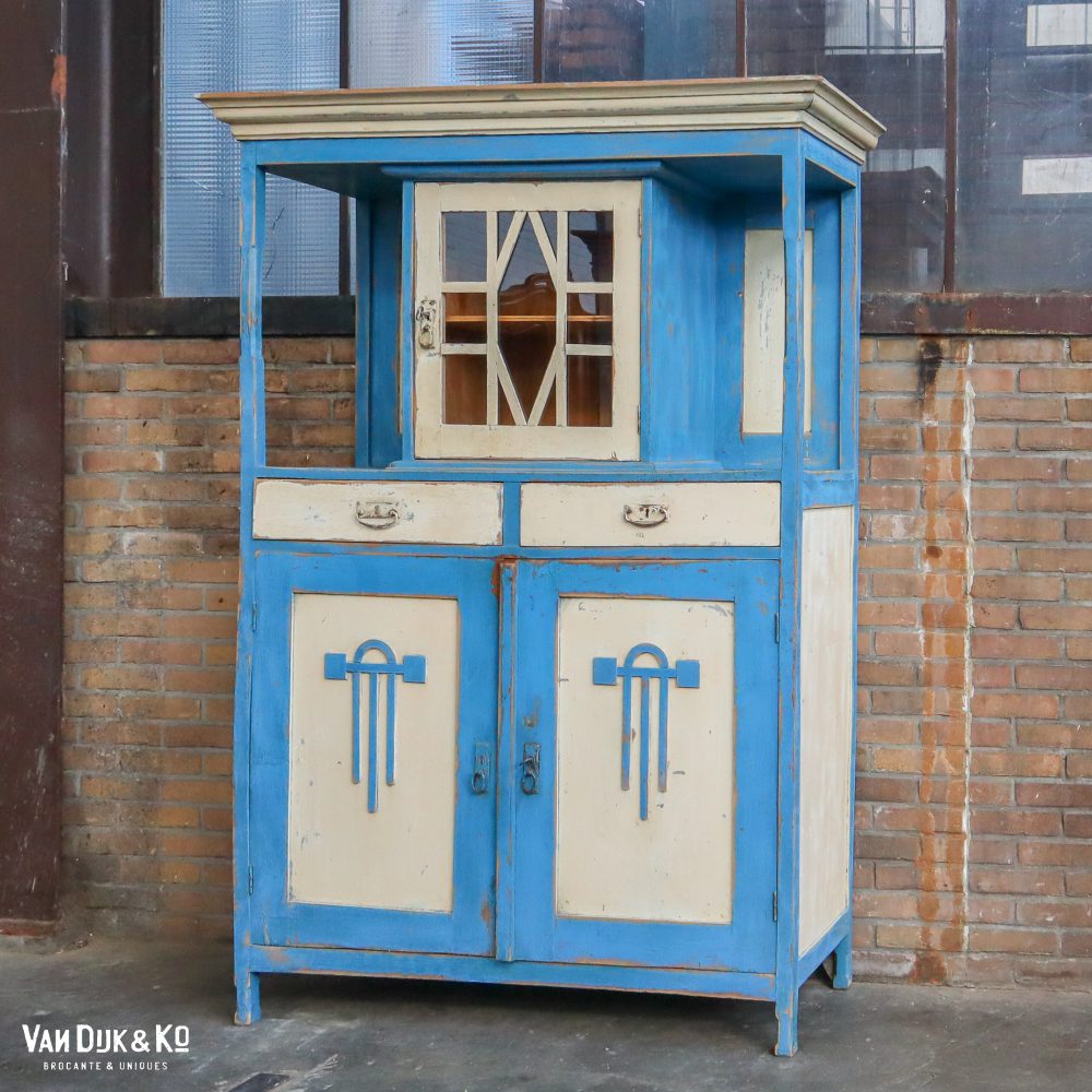 Brocante blauw/witte buffetkast - Afbeelding 2