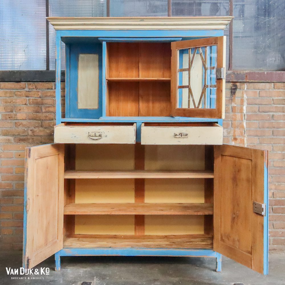 Brocante blauw/witte buffetkast - Afbeelding 3