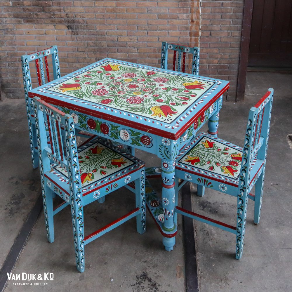 Handbeschilderde Roemeense set - tafel en 4 stoelen - Afbeelding 2