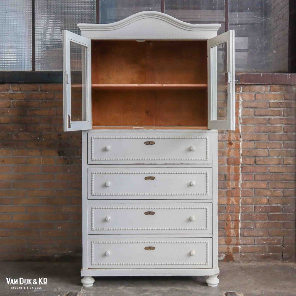 Brocante vitrinekast met lades - Afbeelding 3