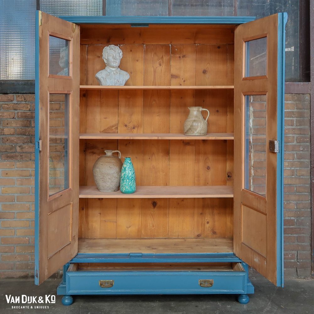 Brocante blauwe vitrinekast - Afbeelding 3
