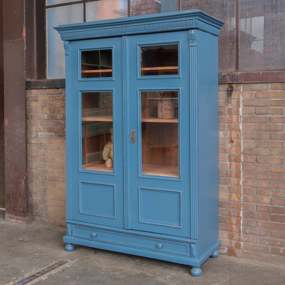 Brocante blauwe vitrinekast - Afbeelding 3