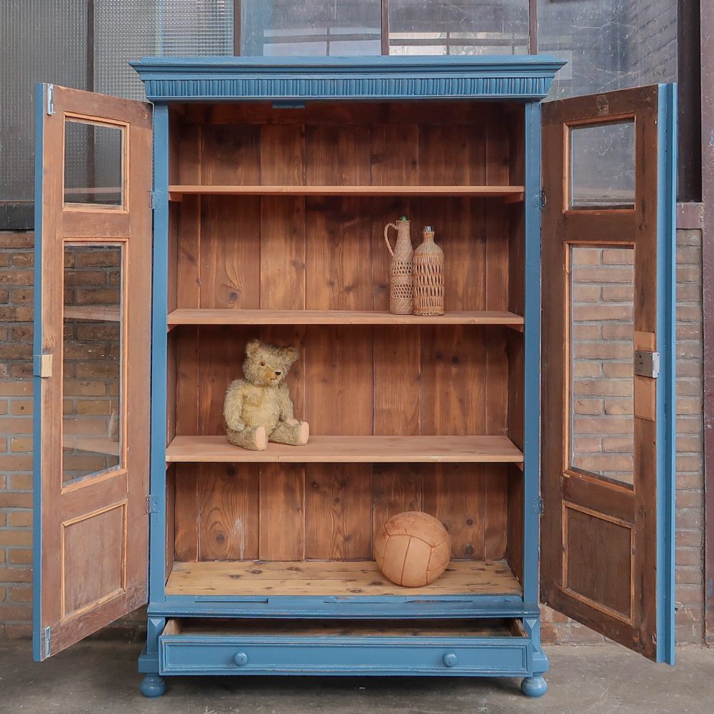 Brocante blauwe vitrinekast - Afbeelding 2