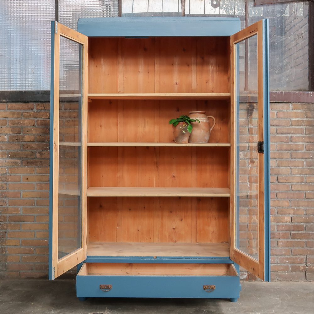 Brocante blauwe vitrinekast - Afbeelding 3