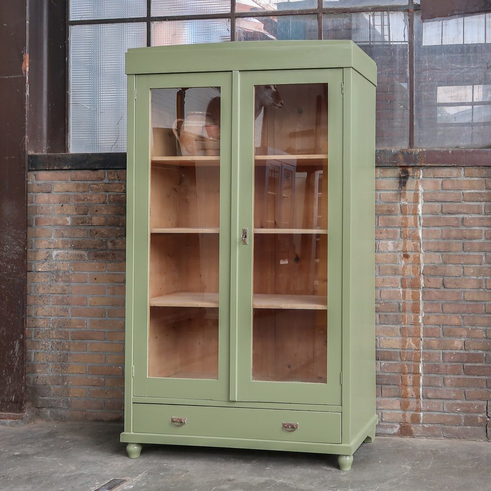 Brocante groene vitrinekast - Afbeelding 2