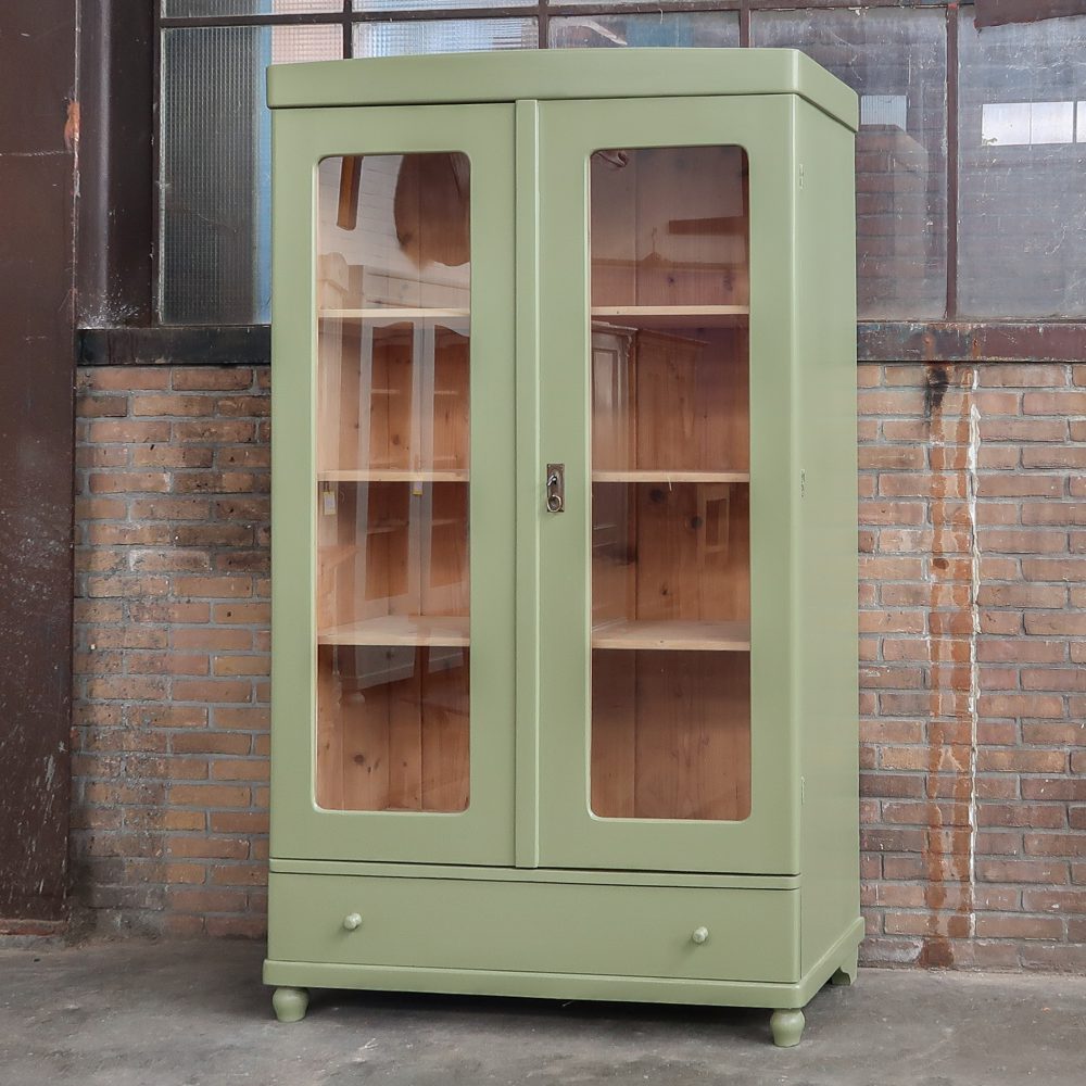 Brocante groene vitrinekast - Afbeelding 2