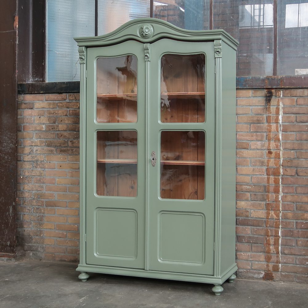 Brocante groene vitrinekast - Afbeelding 2