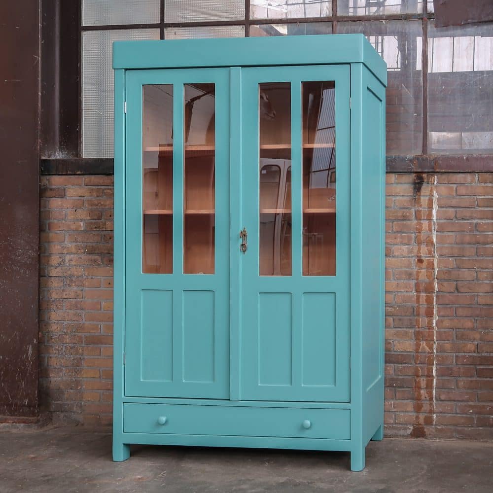 Brocante turquoise vitrinekast - Afbeelding 2
