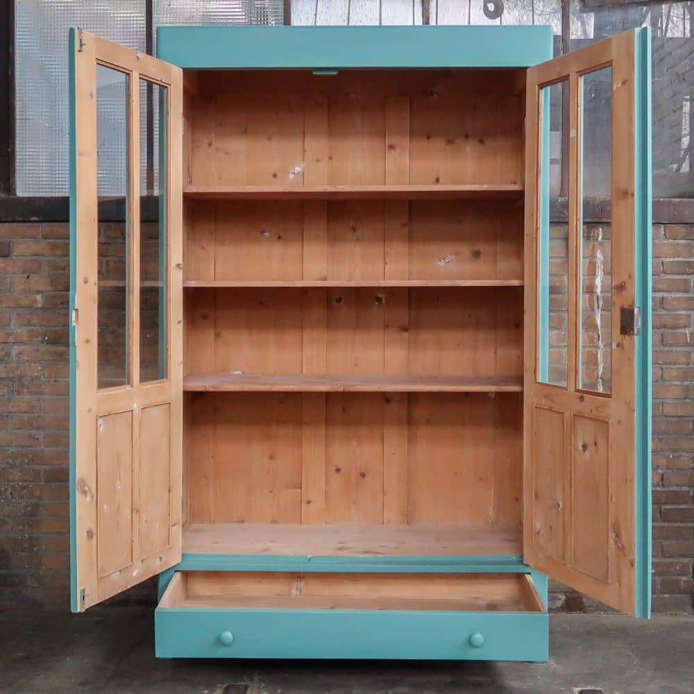 Brocante turquoise vitrinekast - Afbeelding 3