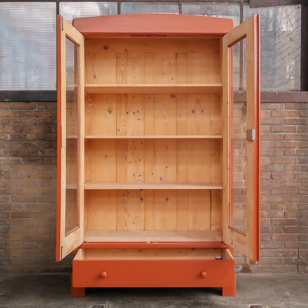 Brocante oranje vitrinekast - Afbeelding 3