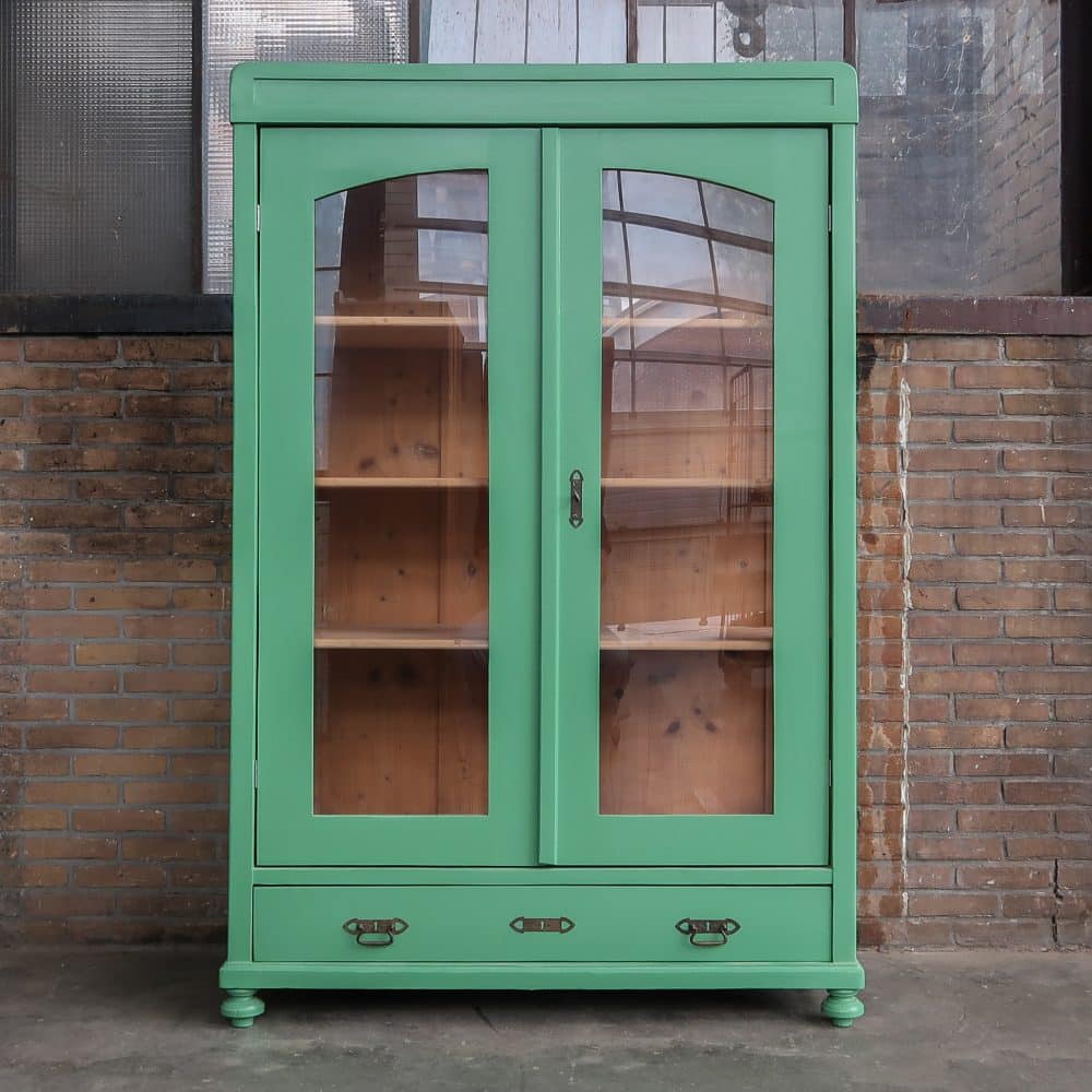 Brocante groene vitrinekast - Afbeelding 2