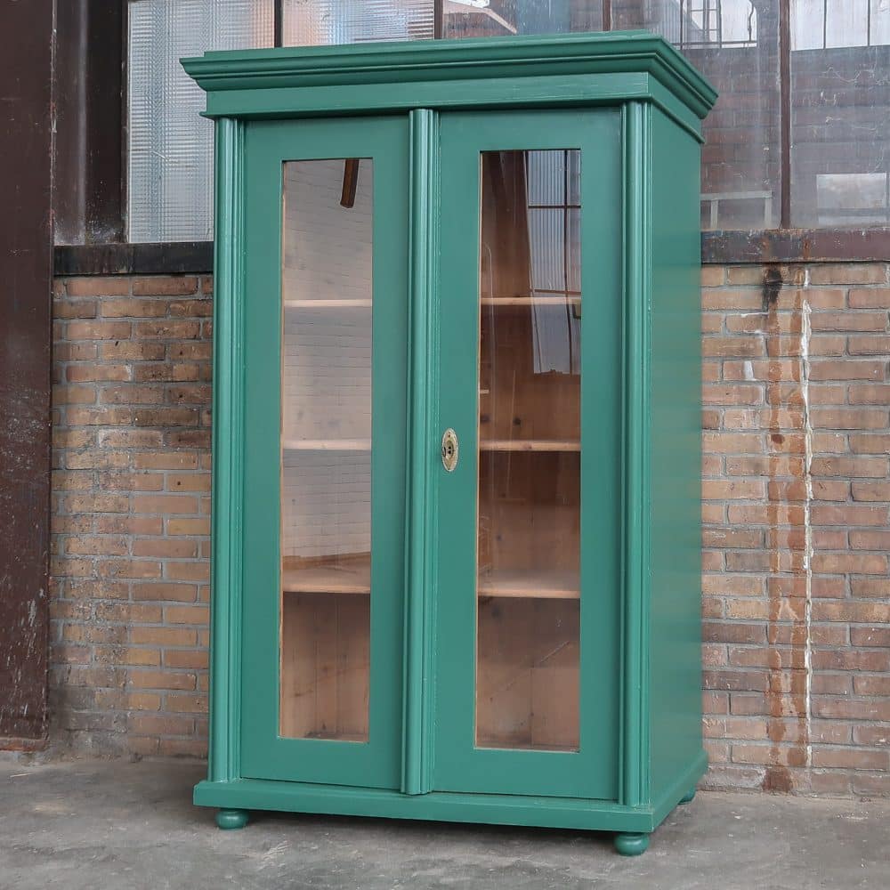 Brocante groene vitrinekast - Afbeelding 2