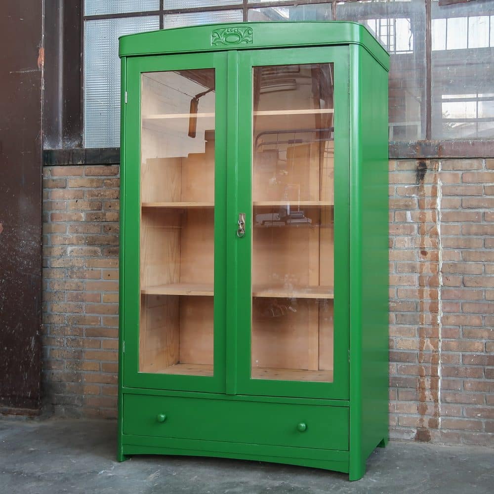 Brocante groene vitrinekast - Afbeelding 2