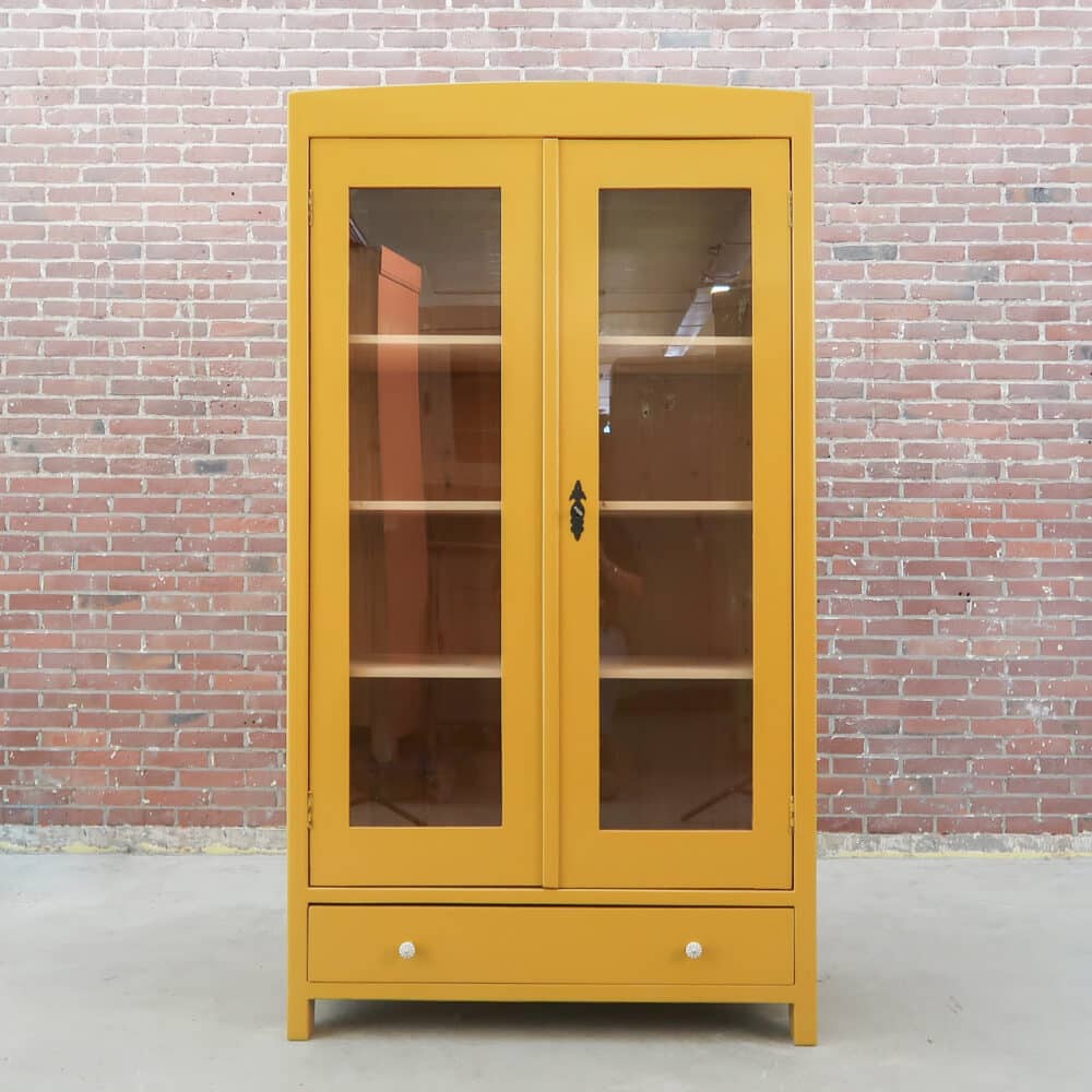 Brocante gele vitrinekast - Afbeelding 2
